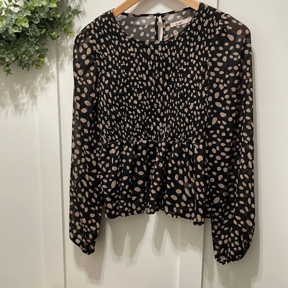 Mi Ami Boutique Black & Tan Polyester Top | Size Small‎ | Polka Dot Pattern - Picture 1 of 5